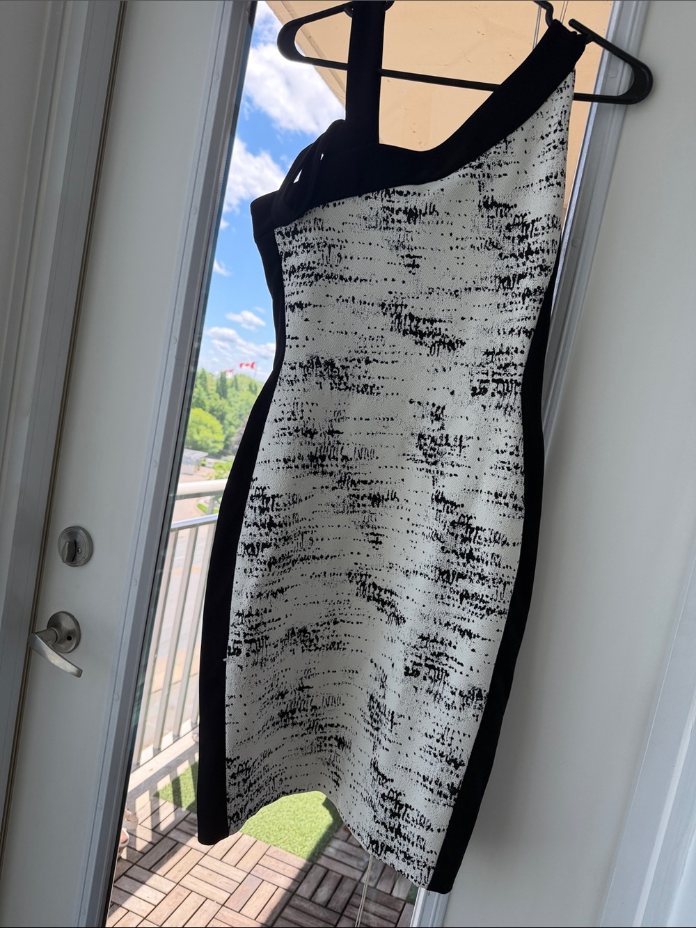 Joseph Ribkoff Black and White One-Shoulder Sheath Dress
